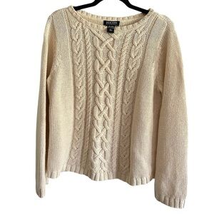 New York & Company Ivory Cream Cable Knit Crew Neck Cotton Sweater Women’s Large